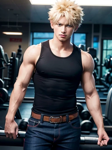 Hyper realistic, bakugo katsuki, cowboy shot, 1boy, blond hair, red pupil, black shirt, sleeveless, sport clothes, blue pants, male focus, looking at Viewer, on the gym 