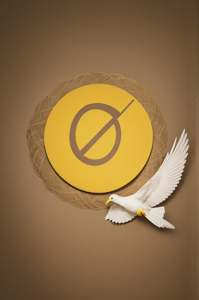 "a flag with a yellow background,with a Bible,and a dove,and the letter A with a circle cut out.