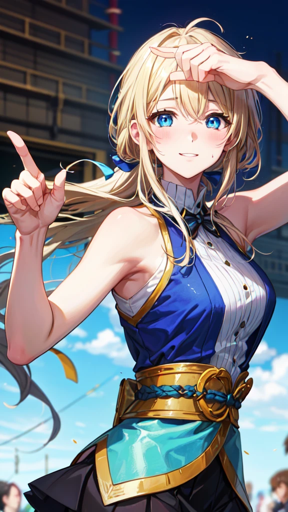 (high quality:1.4), (high resolution:1.3), (Extremely detailed:1.28), light, masterpiece, Perfect anatomical structure,1 female,Adult women, Slim, Blonde hair , ,Messy hair, Messy hair, blue eyes, Beautiful blue eyes,Drooping eyes, High pointed nose,nostril , Violet Evergarden ,blush,Correct finger,Beautiful fingers,
,outdoor,,Smile,Upper body close-up,Various expressions,She was drunk,Fun,
mini skirt,casual mini skirt,mini skirt,sleeveless tops,Adult-like dress,
Sendai Yokocho, street, Japan,
