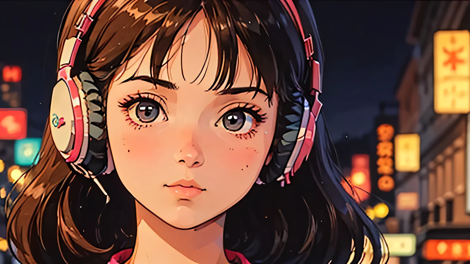 1 girl, A girl in 80s anime style, wearing headphones, retro, lo-fi, with a cassette tape, outside, outside, at night, night, night view, night景, headshot, Close-up of face, intense closeup shot, Intense close-up