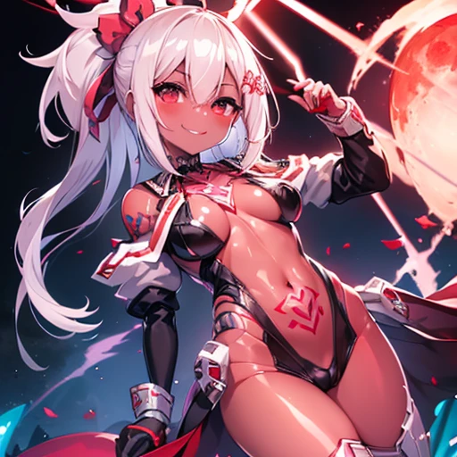 Red Necromancer, Blood Moon, Ray Tracing, masterpiece, Highest quality, super high quality, Absurd detailed, best Light, Best Shadow, sharp, sharp image, detailed, extremely detailed, Amazing resolution, 8K, 4K, Ultra-high resolution, Particle Effects, Beautiful Effects, Vibrant colors, neon Light, neon, Light,(corruption:1.2),(Hollow Eyes:1.2),(Groin tattoo:1.3),(Lower abdomen tattoo:1.3),(Wicked Smile:1.3),((((((red skin)))))), white hair, ponytail, nsfw