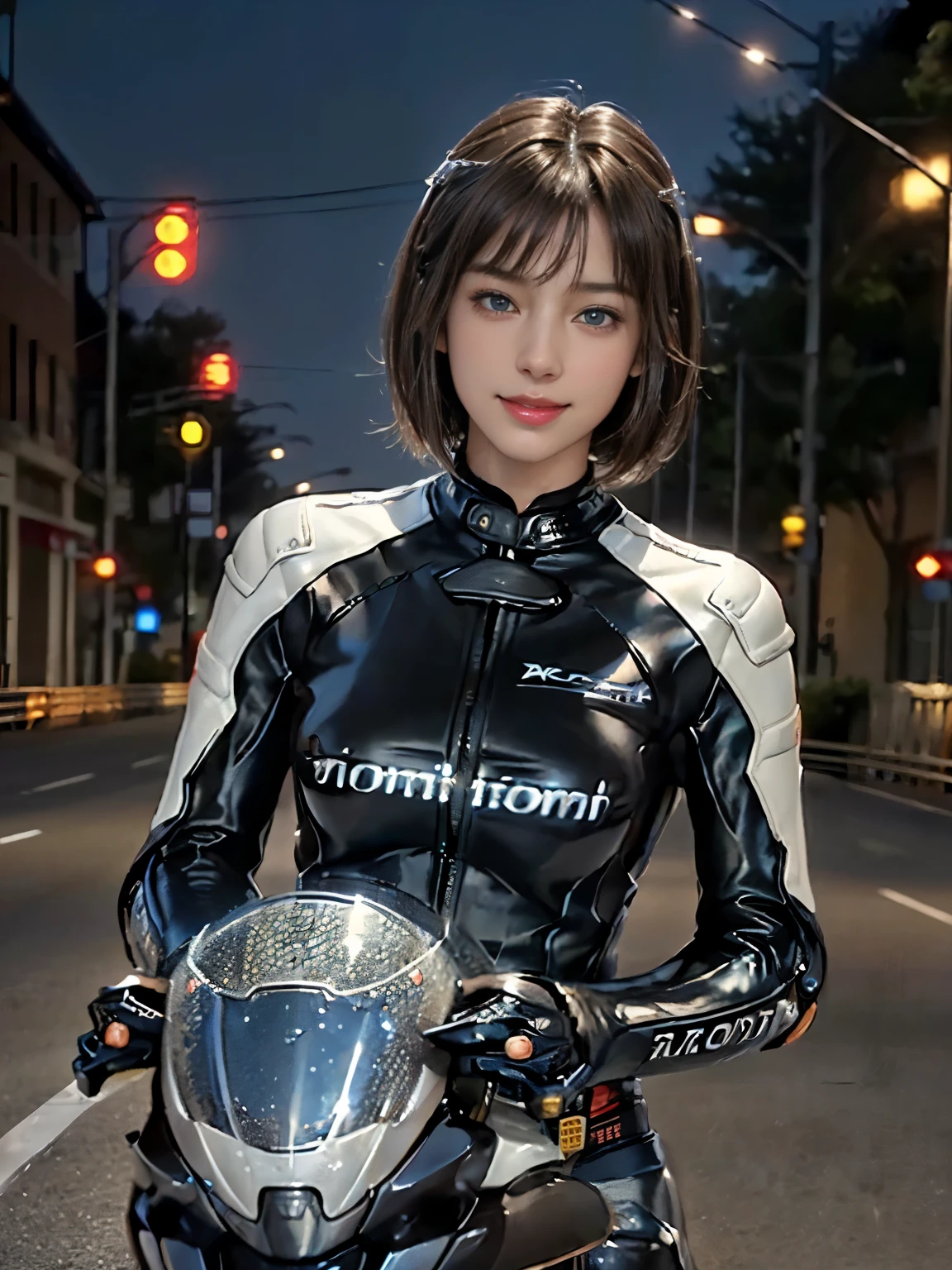 (8K, Highest quality photo quality:1.3), so beautiful, .3d, Brown Hair、Very Short Hair, blue eyes, (Abdominal muscles, Slim figure: 1.1), Sharp focus, (((Intricate details)), Beautiful and delicate lips, Beautiful and delicate nose, Beautiful and delicate face, Beautiful and delicate eyes, ((Realisticなしっとりと白い肌)), (Realistic, Realistic), Cinematic Light, Face Light, Attractive long limbs, smile, (((Detailed Motorcycle)))、(((Riding a motorcycle)))、Full Body Shot、Silver fitted long sleeve racing leather suit