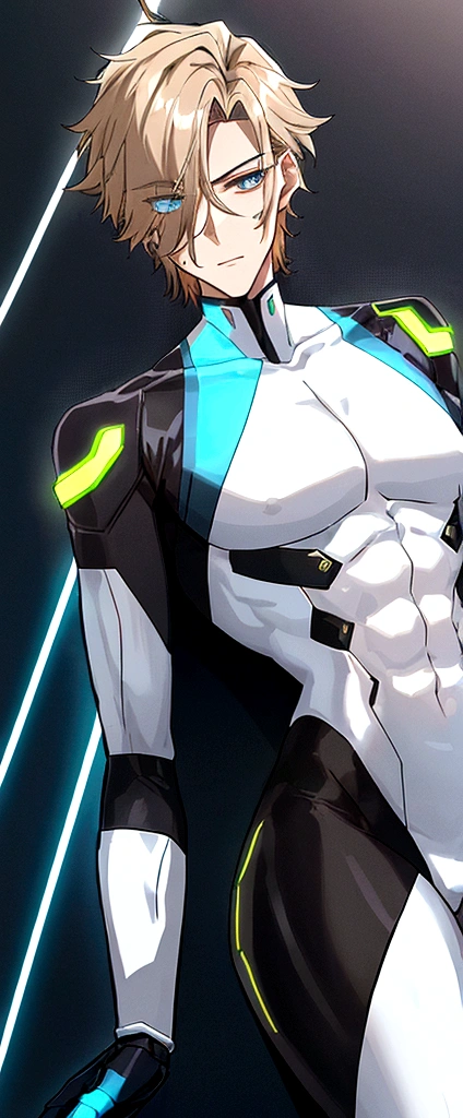 (masculine) (23 years) (a tall, slender young man with a muscular and toned body, His hair is light brown and is messy, covering his forehead., His eyes are blue and his skin is light-skinned..) (robotic body, tight white bodysuit with neon light blue details) (laboratory background)