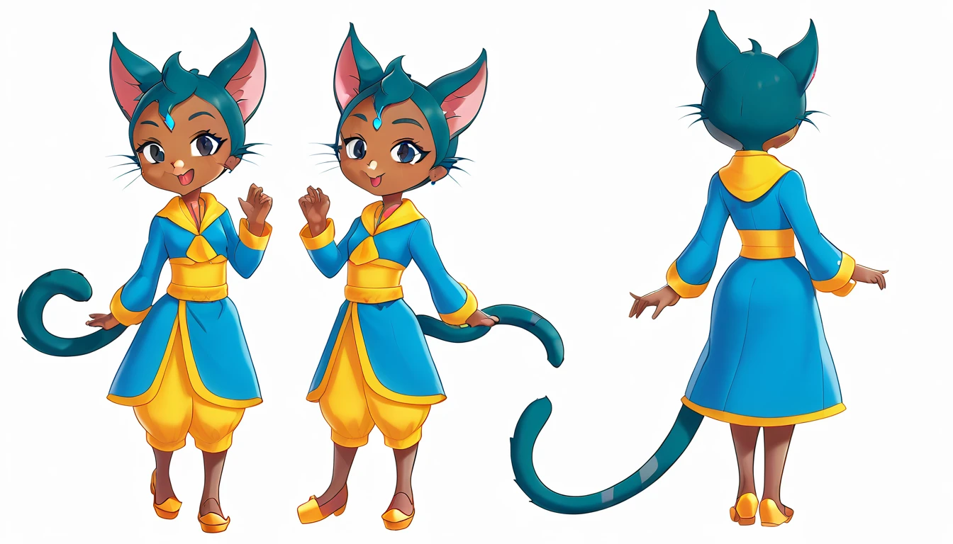 1 Girl，Cat ears，Dark skin tone的女性，Dark skin tone，clothing，earrings，Jackal ears，Jewelry，Long hair,，beautiful girl,Standing，Sexy pose，Blue Hair，skin，Keep your mouth shut，Wear，whole body，solo，Standing, character model sheet turnaround, character turnaround, Animation character design, whole body拍摄转身, detailed whole body概念艺术, Colorful Concept Art, Anime Concept Art, whole body角色概念艺术, whole body概念艺术, game character concept art, Reference Model Table, Character Concept Reference Art，