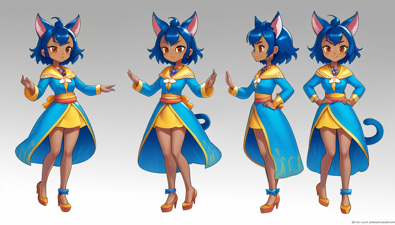 1 Girl，Cat ears，Dark skin tone的女性，Dark skin tone，clothing，earrings，Jackal ears，Jewelry，Long hair,，beautiful girl,Standing，Sexy pose，Blue Hair，skin，Keep your mouth shut，Wear，whole body，solo，Standing, character model sheet turnaround, character turnaround, Animation character design, whole body拍摄转身, detailed whole body概念艺术, Colorful Concept Art, Anime Concept Art, whole body角色概念艺术, whole body概念艺术, game character concept art, Reference Model Table, Character Concept Reference Art，