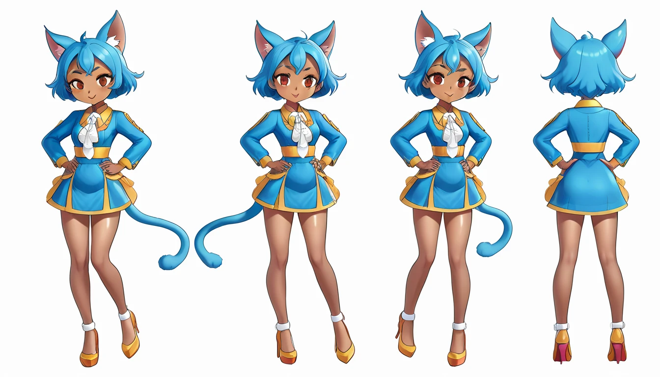 1 Girl，Cat ears，Dark skin tone的女性，Dark skin tone，clothing，earrings，Jackal ears，Jewelry，Long hair,，beautiful girl,Standing，Sexy pose，Blue Hair，skin，Keep your mouth shut，Wear，whole body，solo，Standing, character model sheet turnaround, character turnaround, Animation character design, whole body拍摄转身, detailed whole body概念艺术, Colorful Concept Art, Anime Concept Art, whole body角色概念艺术, whole body概念艺术, game character concept art, Reference Model Table, Character Concept Reference Art，