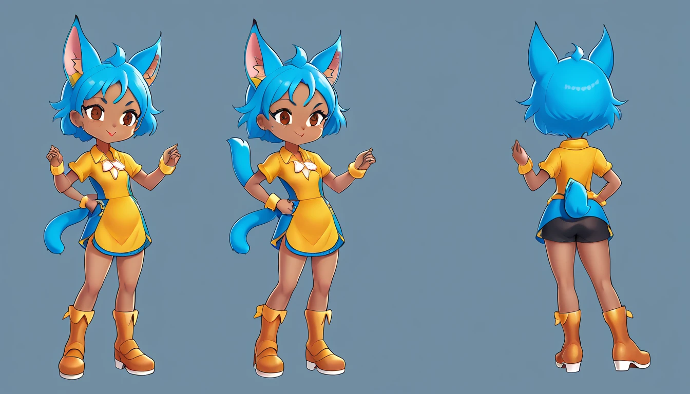 1 Girl，Cat ears，Dark skin tone的女性，Dark skin tone，clothing，earrings，Jackal ears，Jewelry，Long hair,，beautiful girl,Standing，Sexy pose，Blue Hair，skin，Keep your mouth shut，Wear，whole body，solo，Standing, character model sheet turnaround, character turnaround, Animation character design, whole body拍摄转身, detailed whole body概念艺术, Colorful Concept Art, Anime Concept Art, whole body角色概念艺术, whole body概念艺术, game character concept art, Reference Model Table, Character Concept Reference Art，