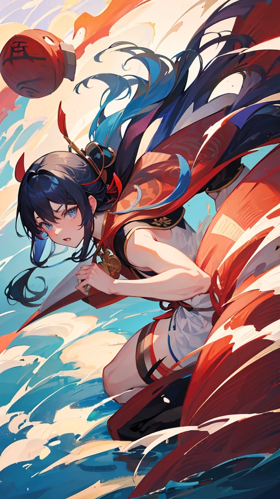 Anime boy with long hair and blue eyes wearing red and black clothes, From the Sengoku period, onmyoji portrait, by Shimo, female Anime characters, By Ren, Anime characters, Wearing old samurai clothes, detailed Anime characters art, by Li Zai, Kantai Collection Style, Full body martial arts, Sengoku period art style