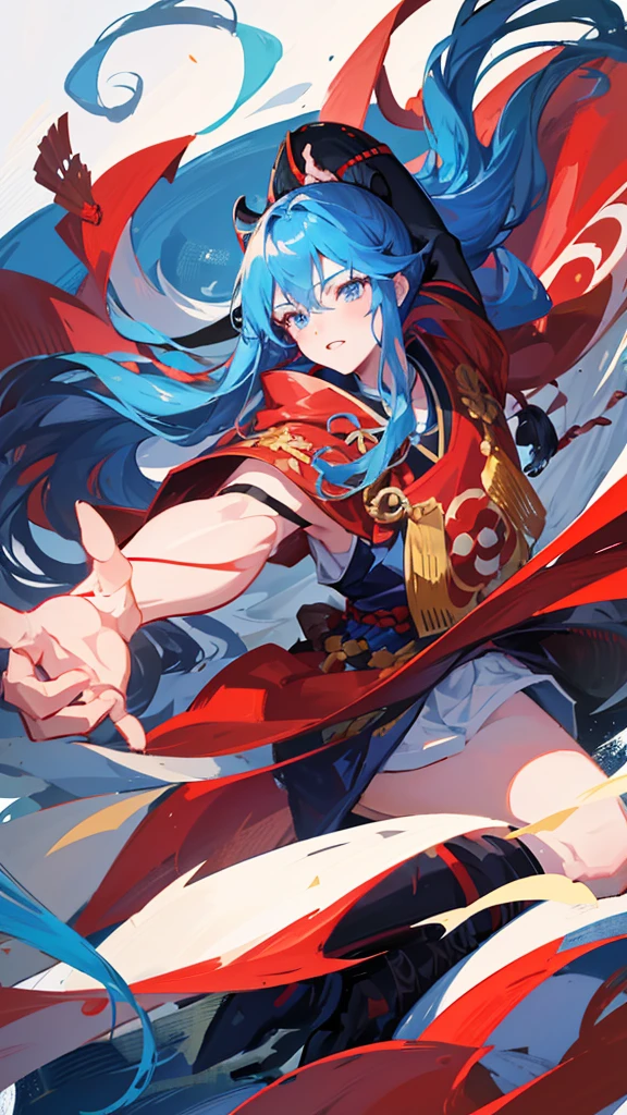 Anime boy with long hair and blue eyes wearing red and black clothes, From the Sengoku period, onmyoji portrait, by Shimo, female Anime characters, By Ren, Anime characters, Wearing old samurai clothes, detailed Anime characters art, by Li Zai, Kantai Collection Style, Full body martial arts, Sengoku period art style
