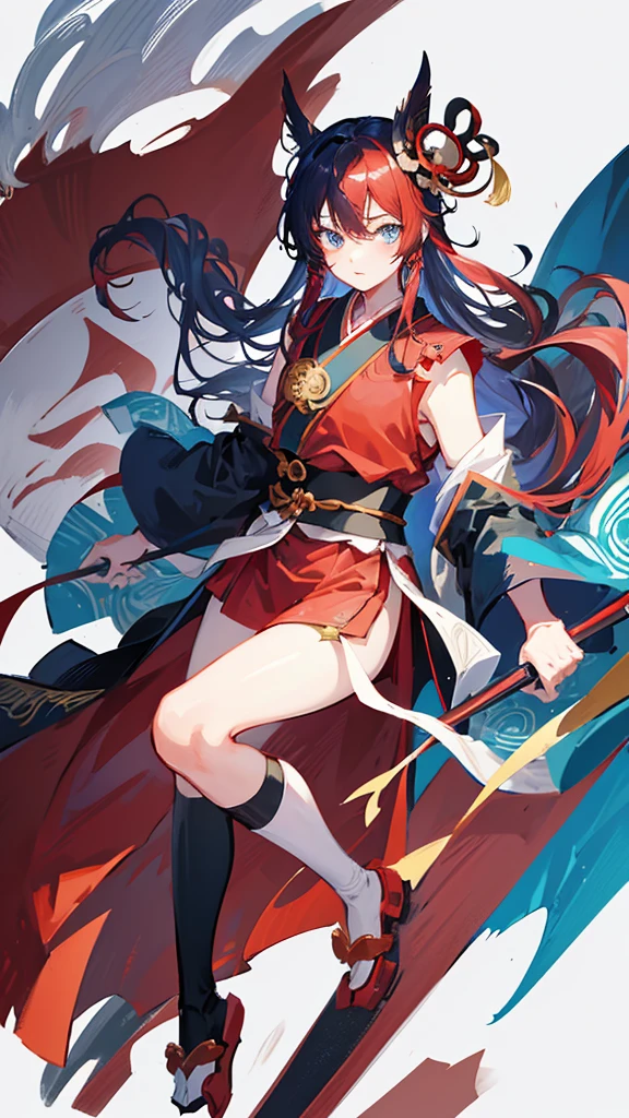 Anime boy with long hair and blue eyes wearing red and black clothes, From the Sengoku period, onmyoji portrait, by Shimo, female Anime characters, By Ren, Anime characters, Wearing old samurai clothes, detailed Anime characters art, by Li Zai, Kantai Collection Style, Full body martial arts, Sengoku period art style