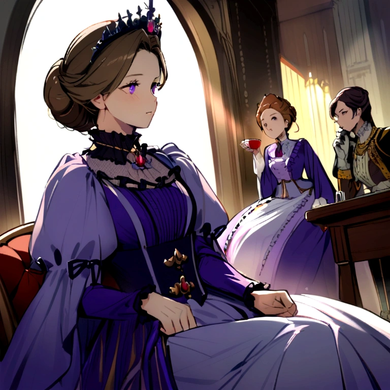 Woman with brown hair, violet eyes, violet dress, victorian dress, Royals, Nobility, drinking tea with women