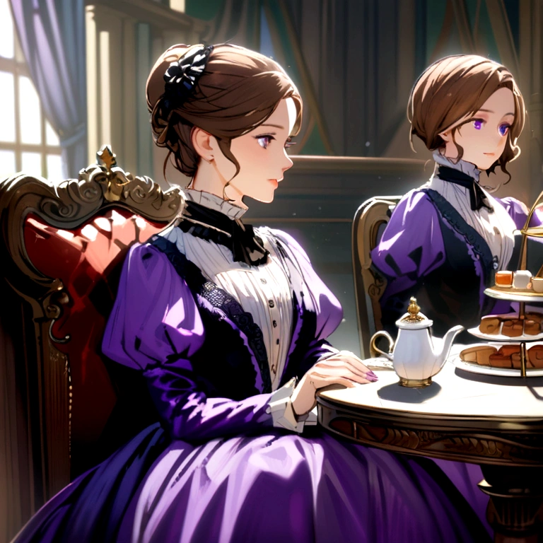 Woman with brown hair, violet eyes, violet dress, victorian dress, Royals, Nobility, drinking tea with women