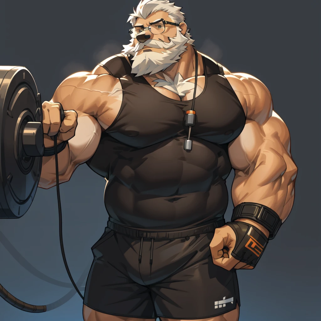 solo, 1boy, Huge Muscular Old Grizzly Bear wearing glasses , pectoral, huge pectoral, wide pectoral, short white hair, short pants, black wristbands and black tank top , bearded, Mustache, simple background, masterpiece, high detailed, 8k, high resolution, at the gym, cable machine workout set 