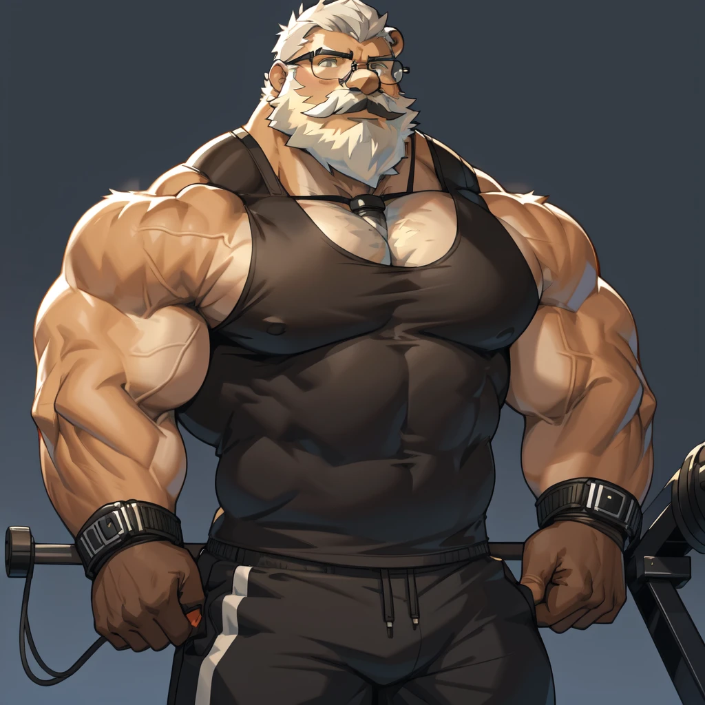 solo, 1boy, Huge Muscular Old Grizzly Bear wearing glasses , pectoral, huge pectoral, wide pectoral, short white hair, short pants, black wristbands and black tank top , bearded, Mustache, simple background, masterpiece, high detailed, 8k, high resolution, at the gym, cable machine workout set 