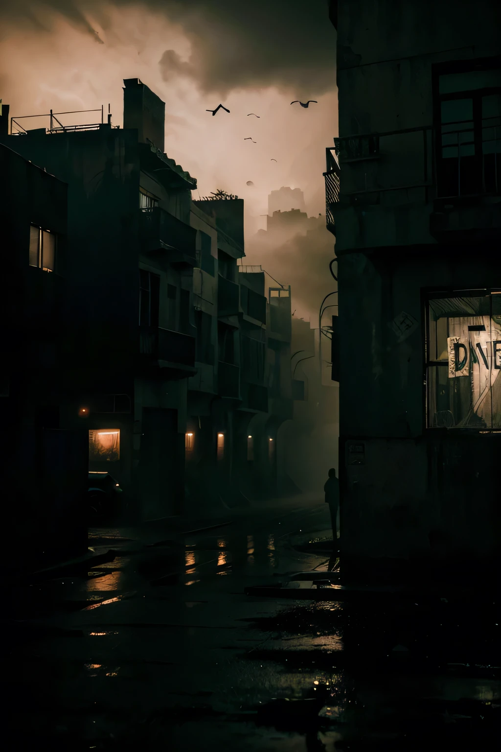 best quality,highres:1.2),dark,dystopian dramatic composition,intense atmosphere UN BARRIO haunting colors,harsh lighting,dynamic angles
