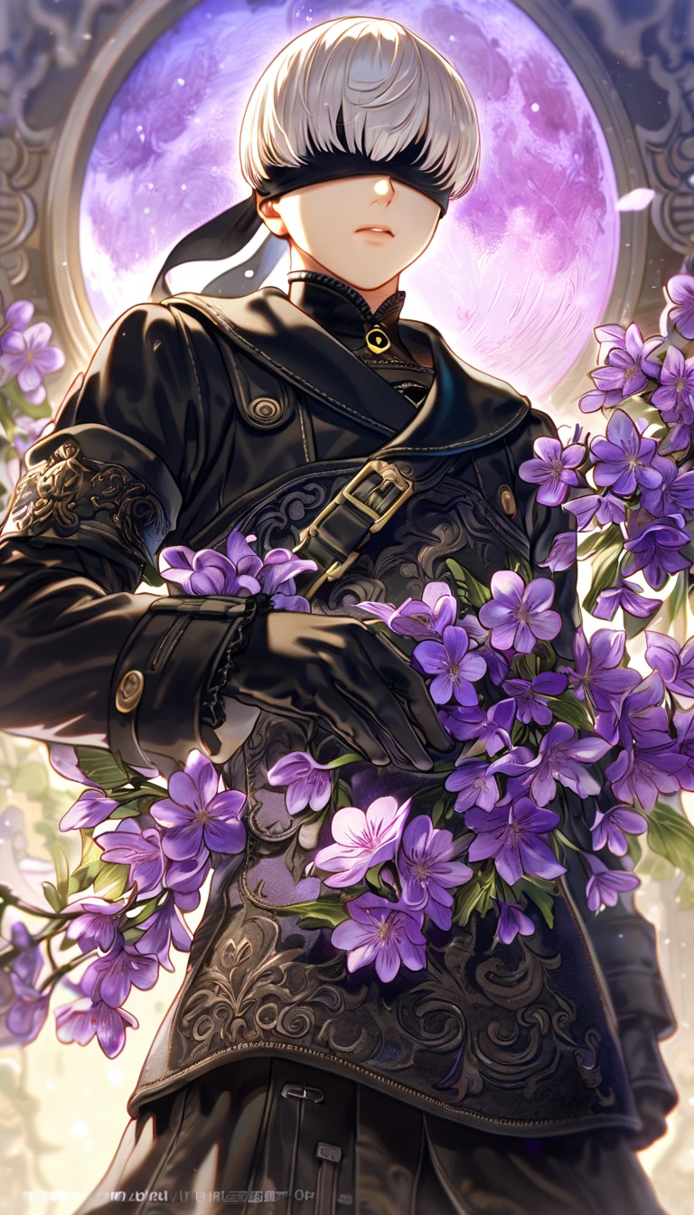 absurdres, highres, ultra detailed, HDR, master piece, best quality, 9S, white hair, with bangs, blindfolded eyes, Nier Automata, solo, sexy man, handsome, black clothes, black gloves, fantasy, purple moon, purple flowers, purple blossoms, purple petals, fireflies