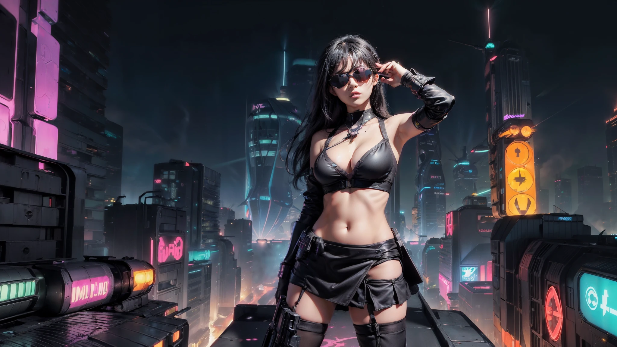 (((aerial view))) of futuristic city, hologram neon buildings, (((futuristic flying cars))) and futuristic cars, Surreal cyberpunk city, in a Future cyberpunk city, 3d rendering Beeple, at night. large-breast photorealistic sexy woman, (((breast cleavage))), perfect face, tank top, (((((miniskirt, black sunglasses, pistol shooting pose))))), standing, leaning forward, (((((half-body thigh level medium shot))))).