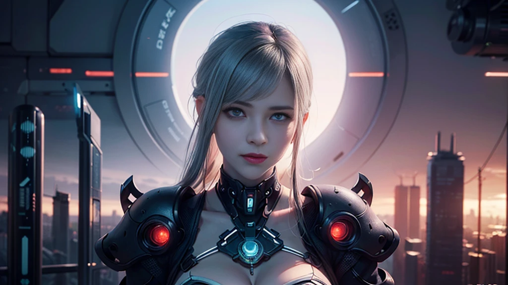 (8k, masterpiece, best quality), ultra-detailed, detailed beautiful round eyes, beautifully detailed face, high quality, high resolution, cyberpunk girl, massive breast, mecha, ruins, perfect anatomy, white hair, perfect face, nighttime, red moon background
