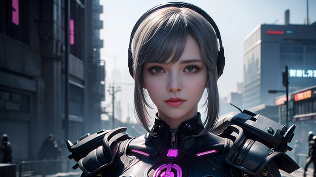 masterpiece,best quality,high resolution,8K,(Portraits:1.5),(R Original Photo),The real situation,Digital Photography,(A fusion of cyberpunk and fantasy),(Policewoman),,Feel free to hairstyle,White hair,Purple Eyes,By Bangs,(red eye breasts, Accessories,shut your mouth,Elegant and charming,Serious and arrogant,Calm and handsome,(Combination of cyberpunk and fantasy style clothing,hollow-carved design,Large Breasts,Photo poses,Realistic style,Gray World Background,oc render reflection texture,futuristic city,Medium distance photography