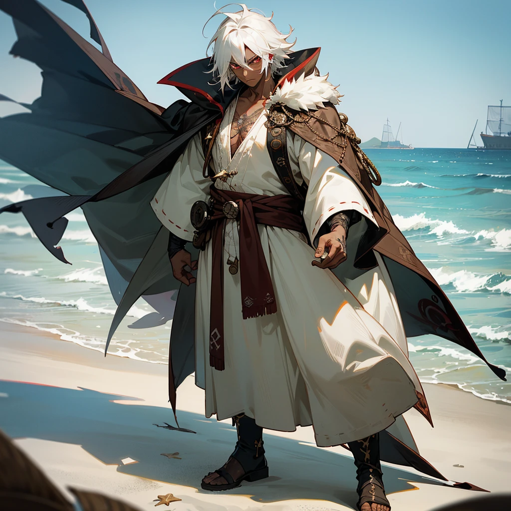 1male,  adult, dark skin, finely detailed red eyes, wild medium hair, seashell white hair color, loose pirate clothing, oversized fur hood, standing on coast, day time, beach, somber expression, muscular, flowers, tattoos