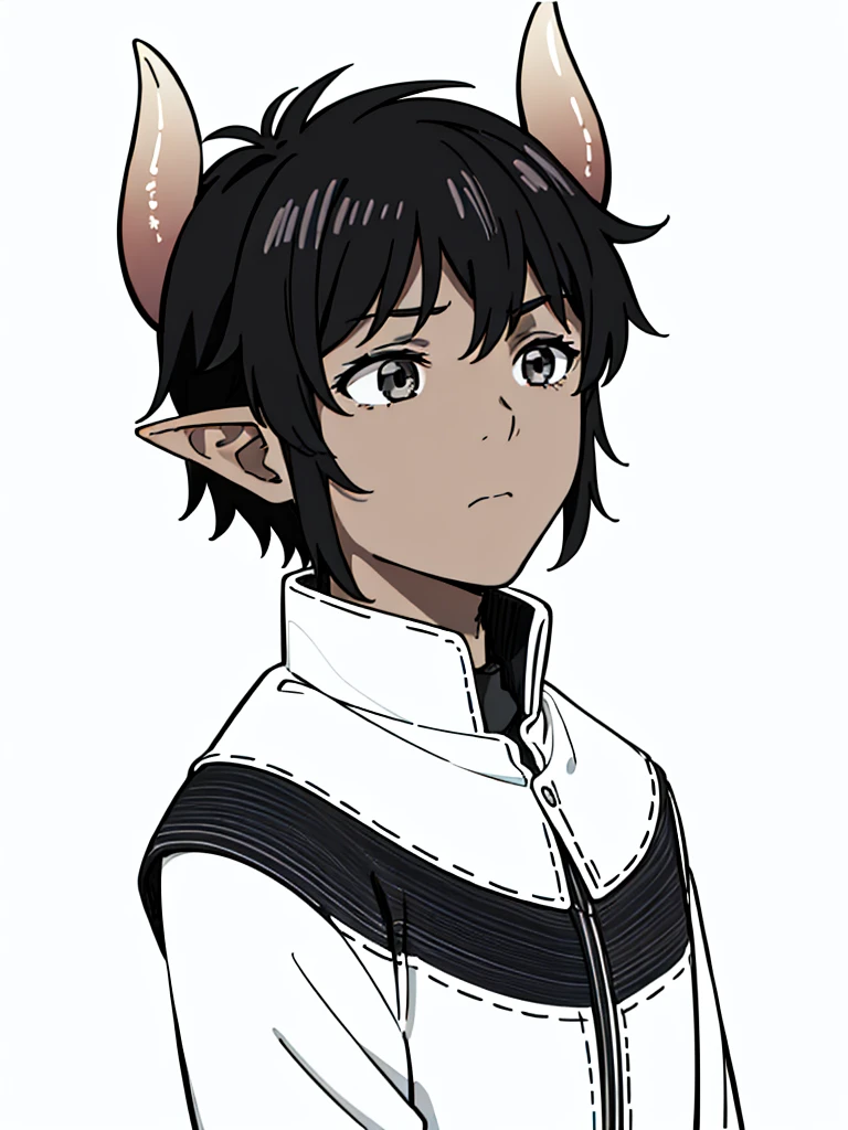 ((1boy,8 years old,solo,???)),((dark skin)),short hair,black hair,elf ears,,portrait,from side,sad,(horns),(white background,line drawing)
