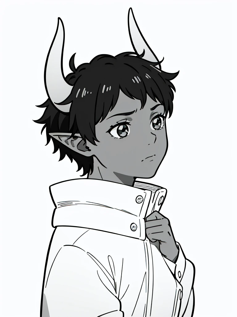 1boy, solo, male, thick thighs, perspective, smile, looking at you, crotch focus, white shirt, short sleeves, tall boy, male, ram horns, goat horns, dark hair, messy hair, hair covering eyes, covered eyes , simple t-shirt, barefoot, full body view, muscular legs, blush, dick, penis, character design sheet
