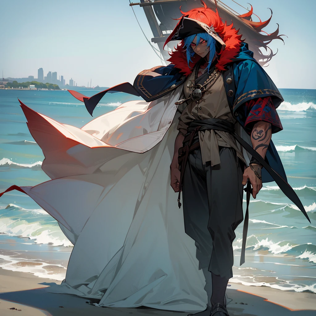 1male, adult, dark skin, finely detailed red eyes, wild medium hair, pale blue hair color, loose pirate clothing, oversized fur hood, standing on coast, day time, beach, somber expression, muscular, flowers, tattoos