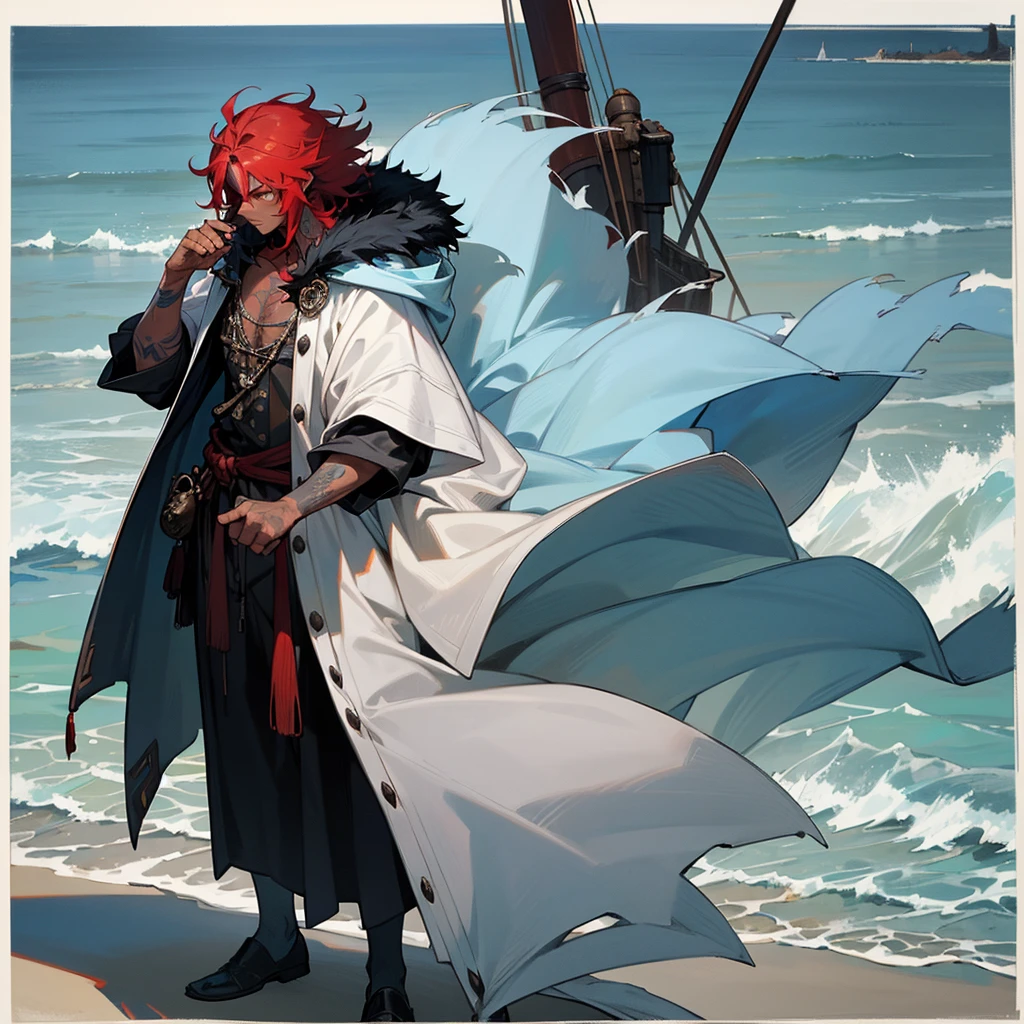 1male, adult, dark skin, finely detailed red eyes, wild medium hair, pale blue hair color, loose pirate clothing, oversized fur hood, standing on coast, day time, beach, somber expression, muscular, flowers, tattoos