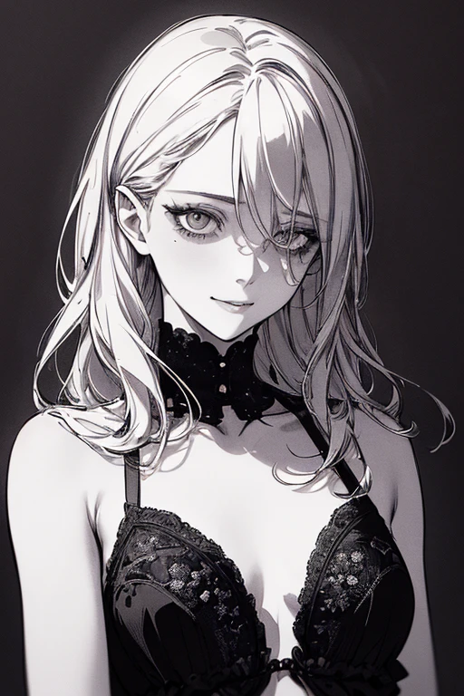 Highest quality, (Background details), High Contrast, Very beautiful girl, Detailed original illustrations、functional、Delicate face、charm、Villainess、sexy、Small breasts、Small stature、Real breasts、Wicked Smile、 Crazy Eyes,  Head close-up, Black background, (Black background: 1.5), Beautiful line art、Monochrome