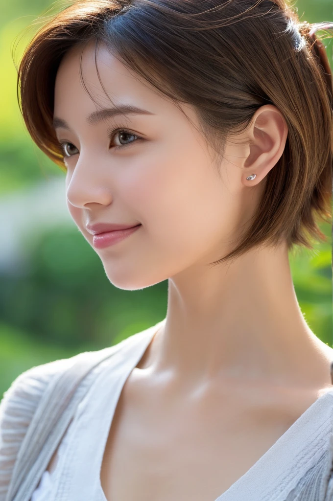 Masamisuno,(in 8K, top-quality, masterpiece:1.3, 超A high resolution, A hyper-realistic), high detailing, ((Face like the real thing)), Photorealsitic, Raw foto, ((one beautiful women)), 27yo, Detailed face, beautidful eyes, realisticeyes, Eyes in Beautiful Details, (real looking skin), Beautiful skins, enticing, depth of fields, hight resolution, High pixel count, clear details, sharp photo, Natural color reproduction, Noise Reduction, High fidelity, quality, Software Updates, Optimized algorithms, Stylish café terrace, Everyday clothes, Neat and clean clothing, perfect bodies, face perfect, perfect chest, perfect teeth, Perfect tooth alignment, , Sexy lips, Ears are visible, Looking away, Natural perspective, (Don't look into the viewer's eyes), a smile, kindly smile, Beautiful skins, enticing, the golden ratio, (Detal Face:1.2), profetional lighting, Lighting the face, best light, japanes,japanaese girl, Photo of a cute Japanese woman, Small necklace, Thin Silver Necklace, simple background, (Photo from the side:1.2), Casual pose, Short hair swaying in the wind