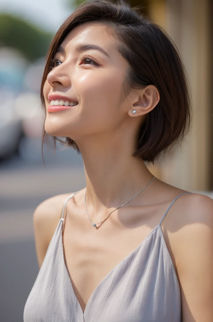 Masamisuno,(in 8K, top-quality, masterpiece:1.3, 超A high resolution, A hyper-realistic), high detailing, ((Face like the real thing)), Photorealsitic, Raw foto, ((one beautiful women)), 27yo, Detailed face, beautidful eyes, realisticeyes, Eyes in Beautiful Details, (real looking skin), Beautiful skins, enticing, depth of fields, hight resolution, High pixel count, clear details, sharp photo, Natural color reproduction, Noise Reduction, High fidelity, quality, Software Updates, Optimized algorithms, Stylish café terrace, Everyday clothes, Neat and clean clothing, perfect bodies, face perfect, perfect chest, perfect teeth, Perfect tooth alignment, , Sexy lips, Ears are visible, Looking away, Natural perspective, (Don't look into the viewer's eyes), a smile, kindly smile, Beautiful skins, enticing, the golden ratio, (Detal Face:1.2), profetional lighting, Lighting the face, best light, japanes,japanaese girl, Photo of a cute Japanese woman, Small necklace, Thin Silver Necklace, simple background, (Photo from the side:1.2), Casual pose, Short hair swaying in the wind