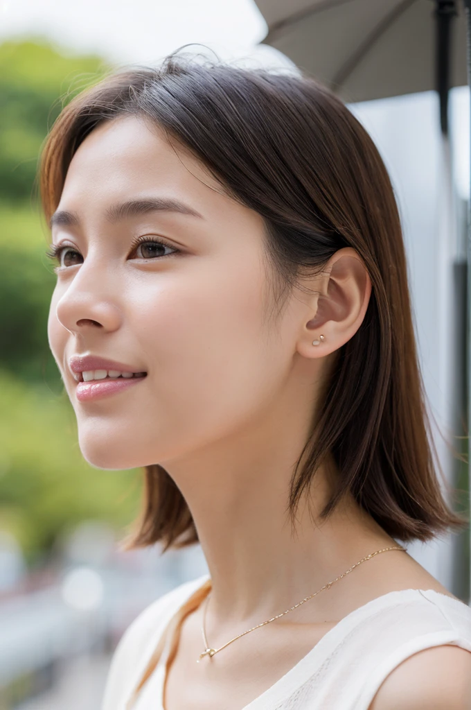 Masamisuno,(in 8K, top-quality, masterpiece:1.3, 超A high resolution, A hyper-realistic), high detailing, ((Face like the real thing)), Photorealsitic, Raw foto, ((one beautiful women)), 27yo, Detailed face, beautidful eyes, realisticeyes, Eyes in Beautiful Details, (real looking skin), Beautiful skins, enticing, depth of fields, hight resolution, High pixel count, clear details, sharp photo, Natural color reproduction, Noise Reduction, High fidelity, quality, Software Updates, Optimized algorithms, Stylish café terrace, Everyday clothes, Neat and clean clothing, perfect bodies, face perfect, perfect chest, perfect teeth, Perfect tooth alignment, , Sexy lips, Ears are visible, Looking away, Natural perspective, (Don't look into the viewer's eyes), a smile, kindly smile, Beautiful skins, enticing, the golden ratio, (Detal Face:1.2), profetional lighting, Lighting the face, best light, japanes,japanaese girl, Photo of a cute Japanese woman, Small necklace, Thin Silver Necklace, simple background, (Photo from the side:1.2), Casual pose, Short hair swaying in the wind