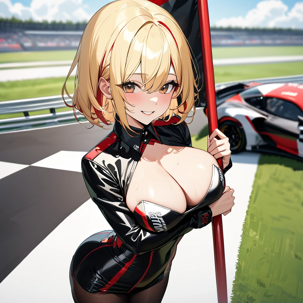 A woman wearing a race queen costume, leather boots, big breasts, smiling, holding a bar with a flag, standing on a race track, with a wide view of the lawn, blonde hair,short hair, hair with red bangs, multicolored hair, smiling, brown eyes, black racing car with red details on the back, perfect racing car. UHD , prime work , accurate , anatomically correct , textured skin , super details , high quality , best quality, 8k, high resolution, bokeh effect. (woman alone), close view.