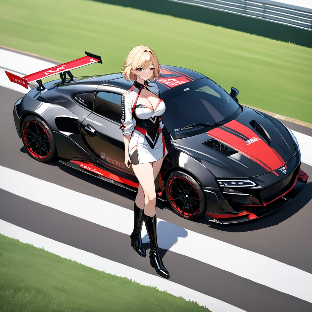 A woman wearing a race queen costume, leather boots, big breasts, smiling, holding a bar with a flag, standing on a race track, with a wide view of the lawn, blonde hair,short hair, hair with red bangs, multicolored hair, smiling, brown eyes, black racing car with red details on the back, perfect racing car. UHD , prime work , accurate , anatomically correct , textured skin , super details , high quality , best quality, 8k, high resolution, bokeh effect. (woman alone), close view.
