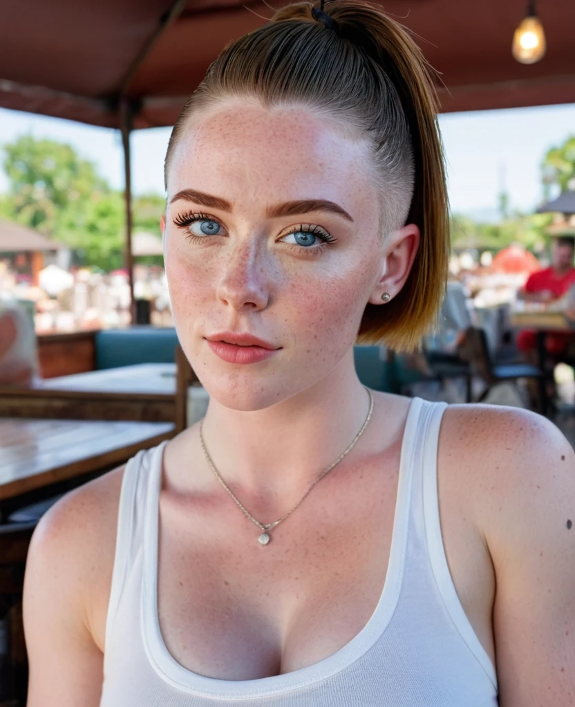 Muscular college girl with large breast and a large butt, blue eyes, pale skin, freckles and a nose piercing with a short slicked back men’s haircut with both sides of her head shaved wearing a tank top at an outdoor restaurant