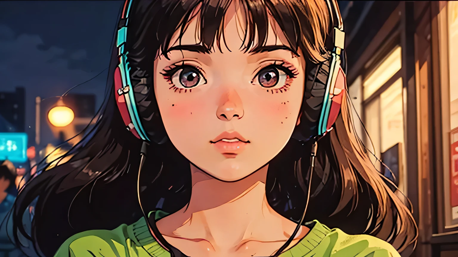 1 girl, A girl in 80s anime style, wearing headphones, retro, lo-fi, with a cassette tape, outside, outside, at night, night, night view, night景, headshot, Close-up of face, intense closeup shot, Intense close-up