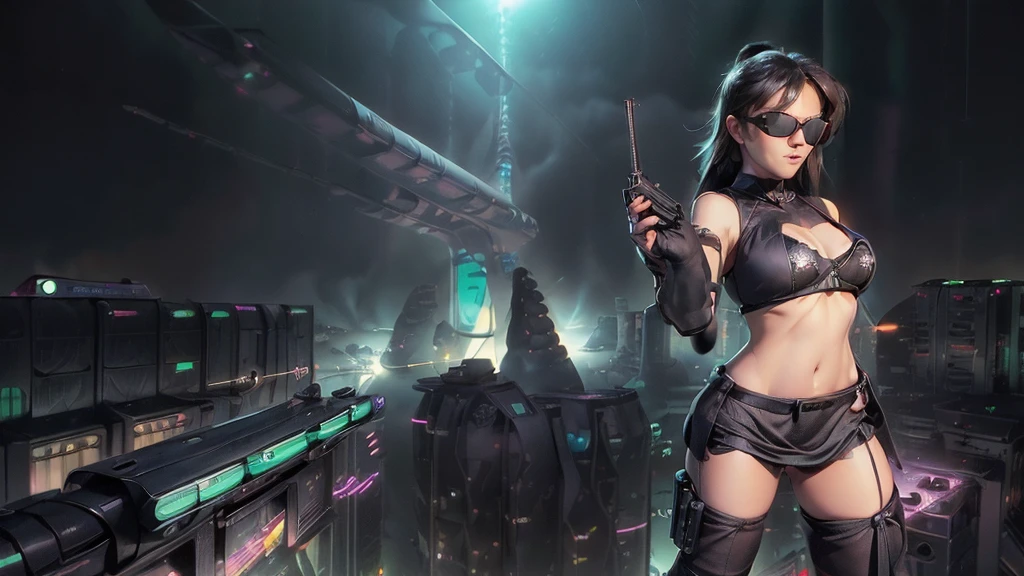(((aerial view))) of futuristic city, hologram neon buildings, (((futuristic flying cars))) and futuristic cars, Surreal cyberpunk city, in a Future cyberpunk city, 3d rendering Beeple, at night. large-breast photorealistic sexy woman, (((breast cleavage))), perfect face, tank top, (((((((miniskirt, black sunglasses, pistol shooting pose))))))), standing, leaning forward, (((((half-body thigh level medium shot))))).