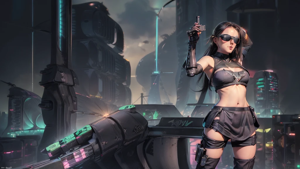 At night, aerial view of futuristic sci-fi cyberpunk city with plenty neon lights, skyscrapers, flying cars, vortex glowing hologram (giant clock tower) as time machine, high quality. (1girl, solo), photo realistic, large-breast:1.2 slim body, cleavage:1.3, tube top, short miniskirt, (black sunglasses), aiming at viewer with a (mini rifle):0.3, dynamic pose, half-body thigh level medium shot, cinematic lighting.