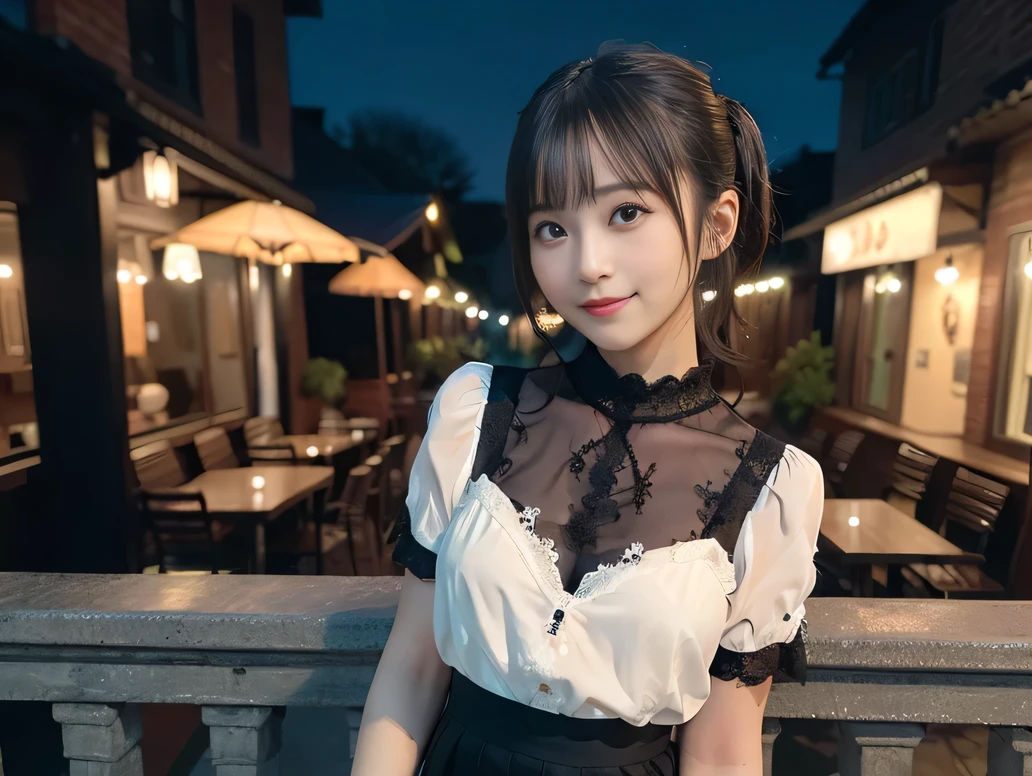 (Highest quality, masterpiece, Ultra-high resolution, 8K, RAW Photos, Realistic, Anatomically correct:1.5),  20-year-old girl:1.2, Embarrassing, avert your eyes, blush:1.0, View Viewer, ((bar)) 、Night view、 Light:1.2, Bokeh, Cinema Lighting:1.0, Depth of written boundary, sharp、 Cute face、Idol、Black short sleeve lace top、Black pleated skirt、Black clothing、”dwarf”、(Floral clothes)、(Full Body Shot)、Side angle、Cowboy Shot、 smile、(Ultra short hair、Short ponytail)、(Straight bangs)、((See-through))、(( One Girl))