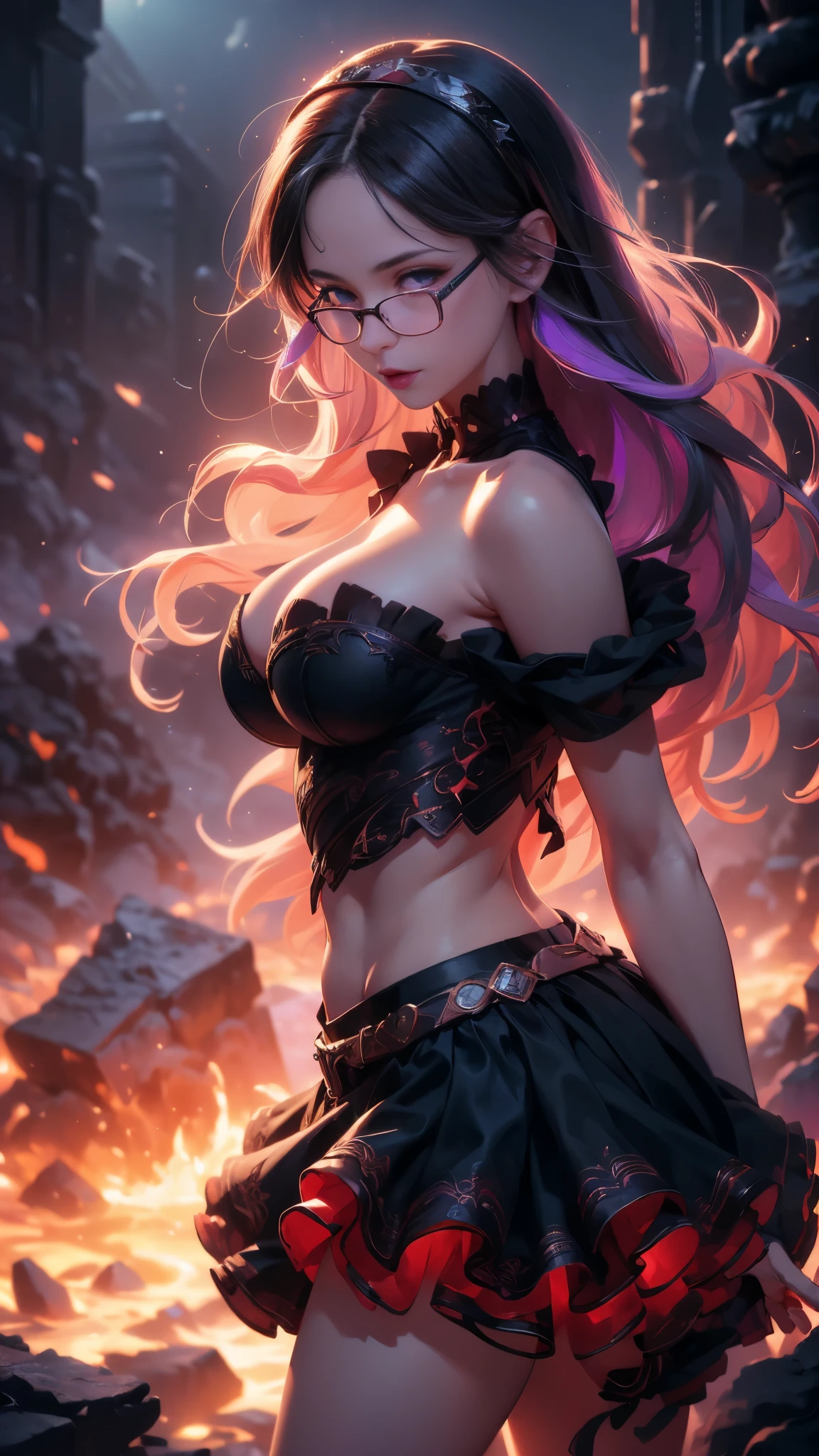 (Best quality, Ultra detailed, Masterpiece:1.2), 1girl, perfect face, female, gamer girl, (aqua eyes), (cherry-red lips), light smile, long black hair, purple streaked hair, purple highlights, bangs, choker, nerdy glasses, wearing headphones, white off-shoulder sweater, black skirt, thigh-highs, nighttime, neon lights in the background, colorful lights, (skirt lifted by itself: 1.1), (skirt lift: 1.3), (showing white panties: 1.3), (skirt lifted by itself: 1.1), (skirt lift: 1.3), (showing white panties: 1.3),(Fondo de ruinas de mazmorra en ruinas:1.4 ), (mostrando panties :1.4), ,(Fondo de ruinas de mazmorra en ruinas piedras grandes :1.4 ), Epic Fantasy Art Style HD, 4K fantasy art, epic fantasy digital art style, epic fantasy art style, Fantasy Woman, epic fantasy art portrait, Epic fantasy style, hyperrealistic fantasy art, hd fantasy art, Epic fantasy character art, epic fantasy art, in style of dark fantasy art, epic fantasy digital art, (face detailed :1.4) 