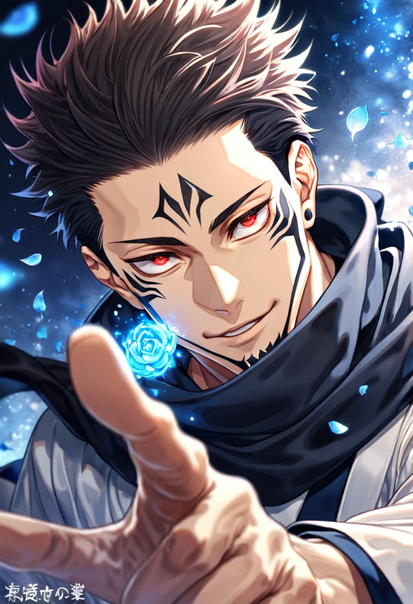 Ultra detailed, highres, absurdres, HDR, master piece, Ryomen Sukuna, black hair, expressive red eyes, Jujutsu Kaisen, blue petals, black scarf, man, solo, best quality, blue flowers, blue shining fireflies, fantasy, magical, handsome, blue moon, white kimono,
