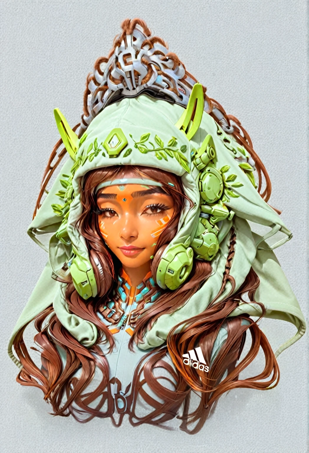 Nepali Younger woman 24 years of age. Curvey body Nymph, semi-realistic, cute, brown skin. The light-skinned, a skinned woman has a cute button nose.The light-skinned, a skinned woman has a cute button nose. Naturally, a woman has a cute button nose. Her clothing has earth tones,and muted natural colors. 3D mecha- graffiti shapes in headdress, With lime muted colors, lime, and orange pops. turqoius, 1970s and 1980s hip-hop clothing and tech utility gear, 1970s hip-hop. She is looking to the Side, not facing the camera. 2077_Style, Mecha, Gundam. She wears sports-tech utility gear with a fuzzy soft fur lining on the hood, HOODIE, HOOD ON HEAD, HOOD, WEARING A HOOD OVER HEAD!!!! She is shown from the waist up. Wearing a hood, hoodie, cloak, mecha cloak with hood that has LED lighting inside hoos. 3D graffiti shapes on hat and headdress; she wears an Adidas nylon with three stripes. Adidas. from the waist up. she is standing from the waste up, close up of the waist up.