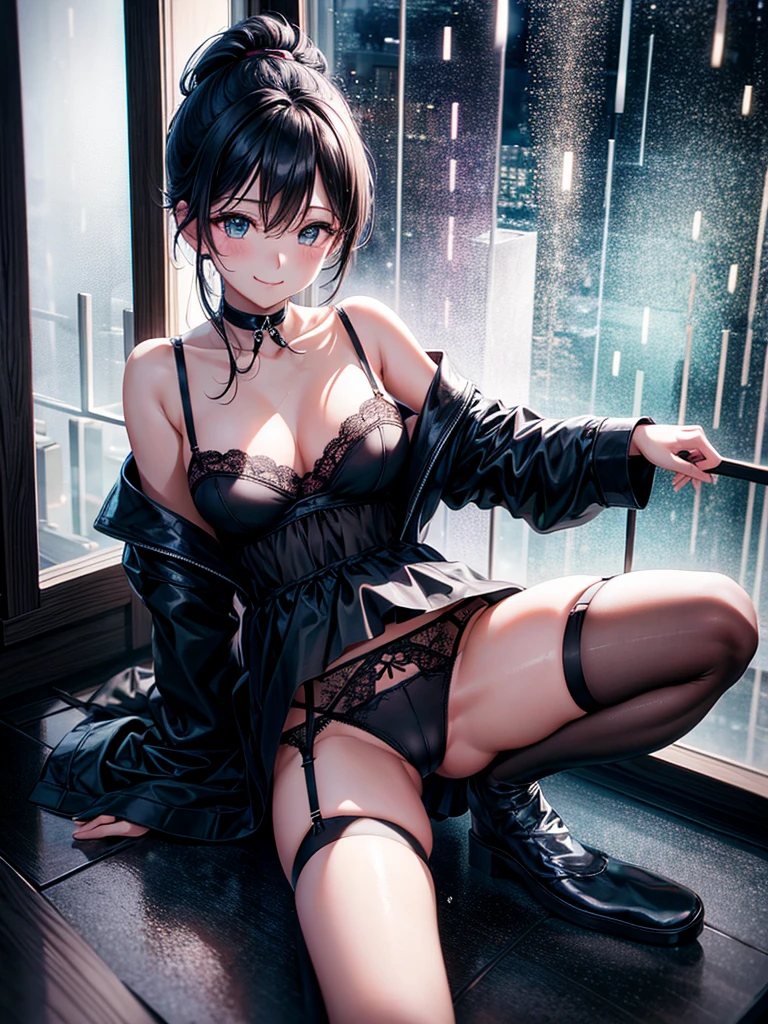 Highest quality,Highest Resolution,4K quality,寝室で大きな窓の外の都市の豪rainの夜景を眺める下着姿のsmileの女性の横顔,Jet black ponytail,Dark room,y Lingerie,Many water drops on the window,garter belt,High leg,Pastel colored underwear,Knee-high stockings,rain,豪rain,雷rain,smile,Landscape,Colorful eyes,