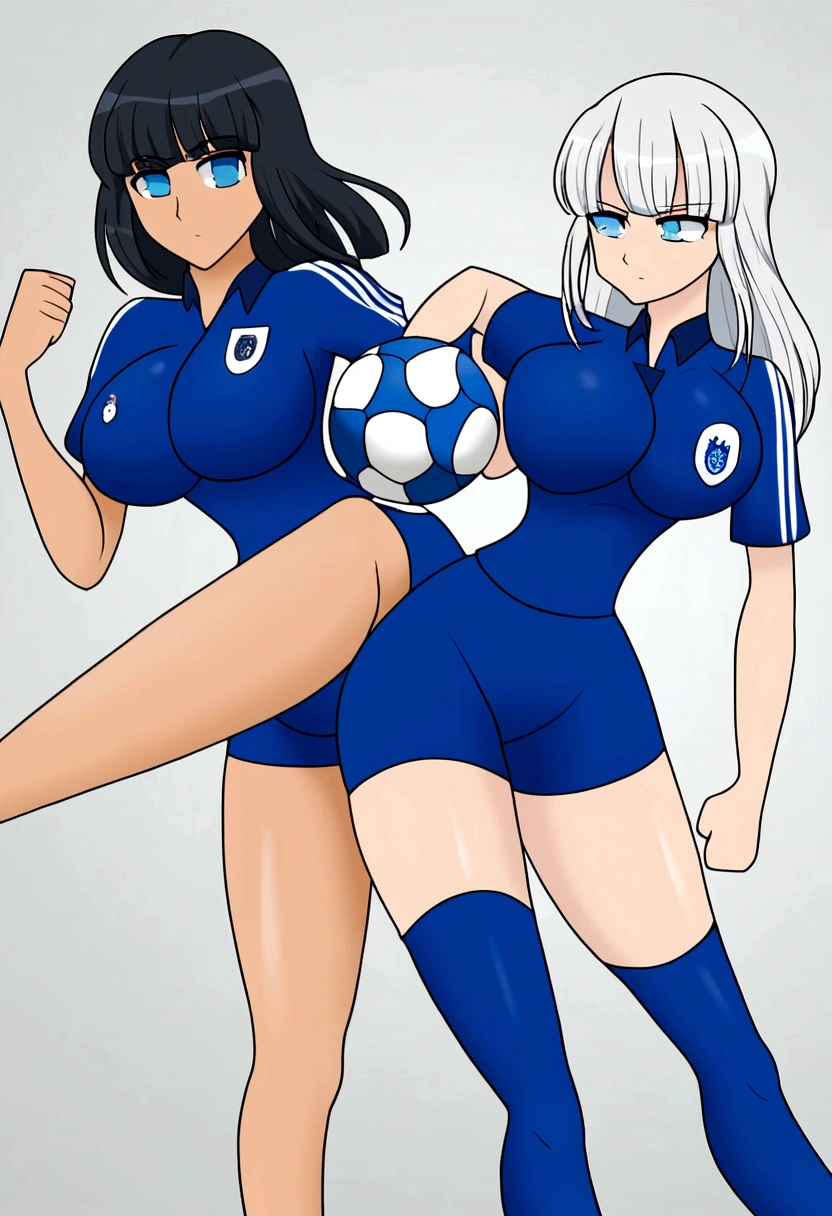 (anime,2D),Women,soccer player,clear skin,thin face ,blue eyes,black hair,wide,fringe,white hair strands,standard height,collected in a queue,big breasts,small waist,long legs,France national team uniform,In a soccer field,kicking the ball.