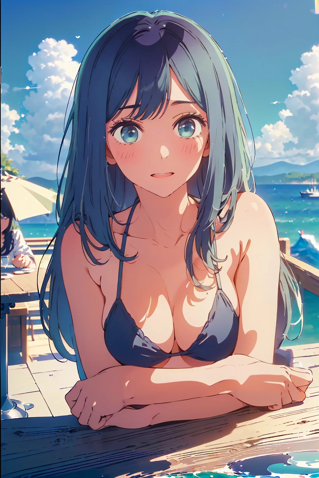 (Highest quality:1.4、masterpiece:1.4、Super detailed:1.4、8K:1.4)、F cup bust、Big Breasts、Slim body、((((1 person、Surprised expression、sit、Chair、In the background are the urban buildings of Tokyo、looking at the camera、Outdoor café terrace、coastal、Navy hair color、juice、Shooting up close、table、Very cute face))))、(Pose of putting hair behind ears with hands:1.4、Cheek resting on hand:1.4）、((nude、Areola、bikini))、Very blue sky、A completely cloudless sky、Big eyes、((((Shallow depth of field))))