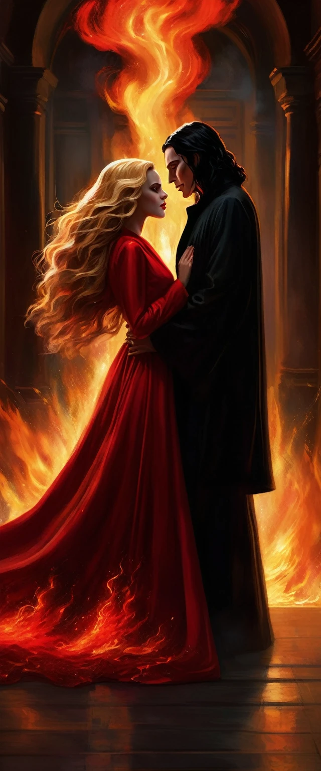 - Scene: Create an image of two people in love in a setting of mystery and passion.
- Woman's Appearance:
- Resembles Beyoncé
- Brown skin
- Long, golden blonde curly hair
- Confident and seductive expression
- Wearing a red dress, elegant and form-fitting
- Lips painted a deep, intense red
- Man's Appearance:
- Resembles Severus Snape
- Pale skin
- Large nose
- Black, straight hair falling around his face in a somber manner
- Serious and intense expression
- Wearing a black cloak, contrasting with the flames around them
- Atmosphere:
- Surrounded by flames, creating a mystical and fiery ambiance
- Soft lighting highlighting their faces, enhancing the sparkle in their eyes
- Flames adding an element of intensity and mystery to the scene
- They are close to each other, gazing intensely into each other's eyes, exuding a strong emotional connection