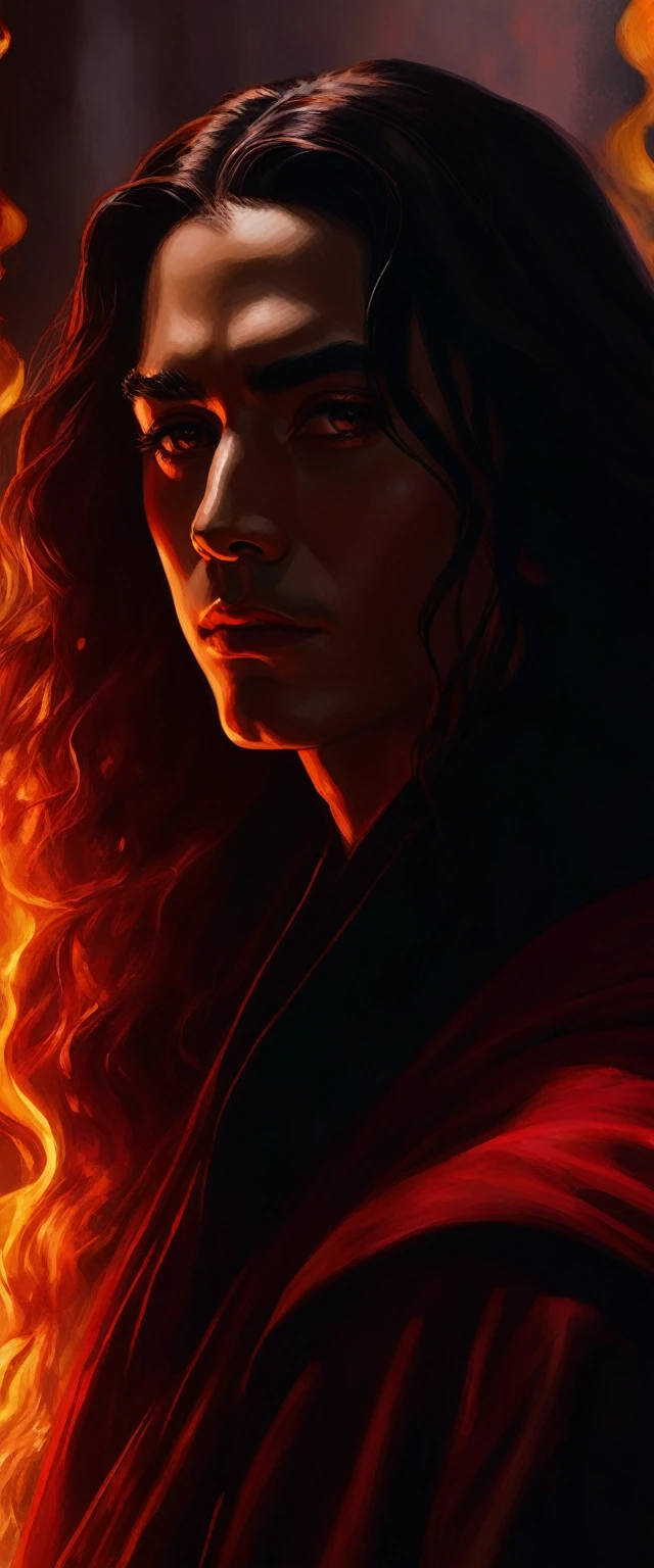 - Scene: Create an image of two people in love in a setting of mystery and passion.
- Woman's Appearance:
- Resembles Beyoncé
- Brown skin
- Long, golden blonde curly hair
- Confident and seductive expression
- Wearing a red dress, elegant and form-fitting
- Lips painted a deep, intense red
- Man's Appearance:
- Resembles Severus Snape
- Pale skin
- Large nose
- Black, straight hair falling around his face in a somber manner
- Serious and intense expression
- Wearing a black cloak, contrasting with the flames around them
- Atmosphere:
- Surrounded by flames, creating a mystical and fiery ambiance
- Soft lighting highlighting their faces, enhancing the sparkle in their eyes
- Flames adding an element of intensity and mystery to the scene
- They are close to each other, gazing intensely into each other's eyes, exuding a strong emotional connection