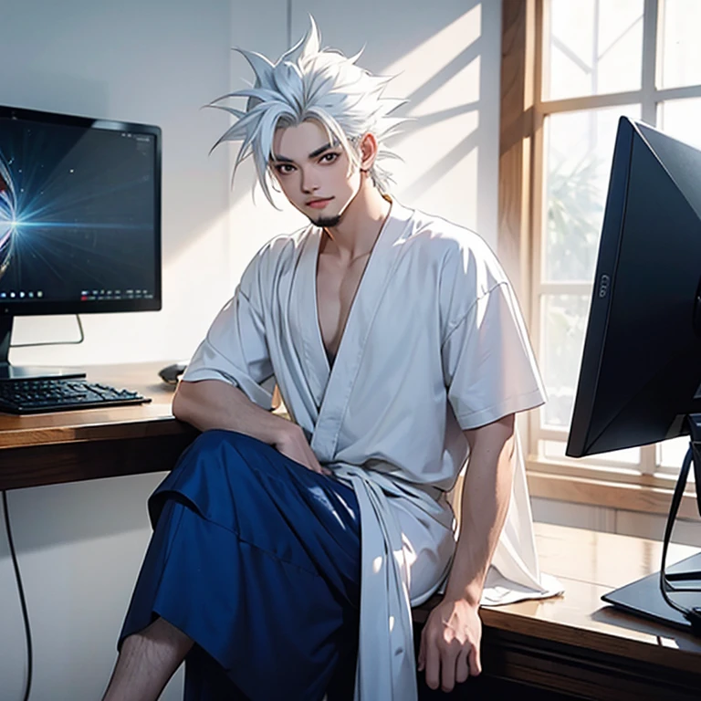 (work of art, best qualityer), (complex light), 1 young boy, standing alone, Goku , eyes black, ssmile, sitting in front of the computer playing, background in the esports room,(thiozão),(goatee and white hair),