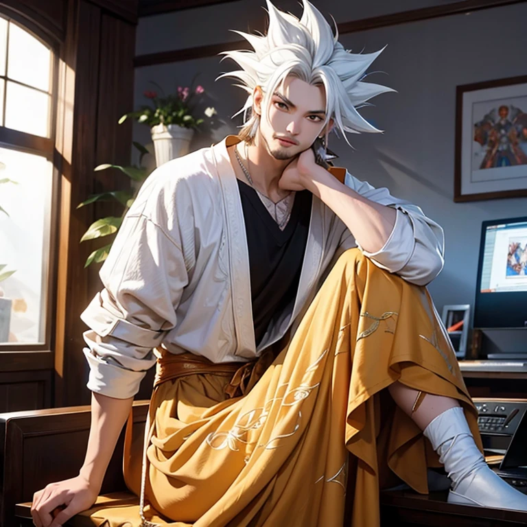 (work of art, best qualityer), (complex light), ****ung boy, standing alone, Goku , eyes black, ssmile, sitting in front of the computer playing, background in the esports room,(thiozão),(goatee and white hair),