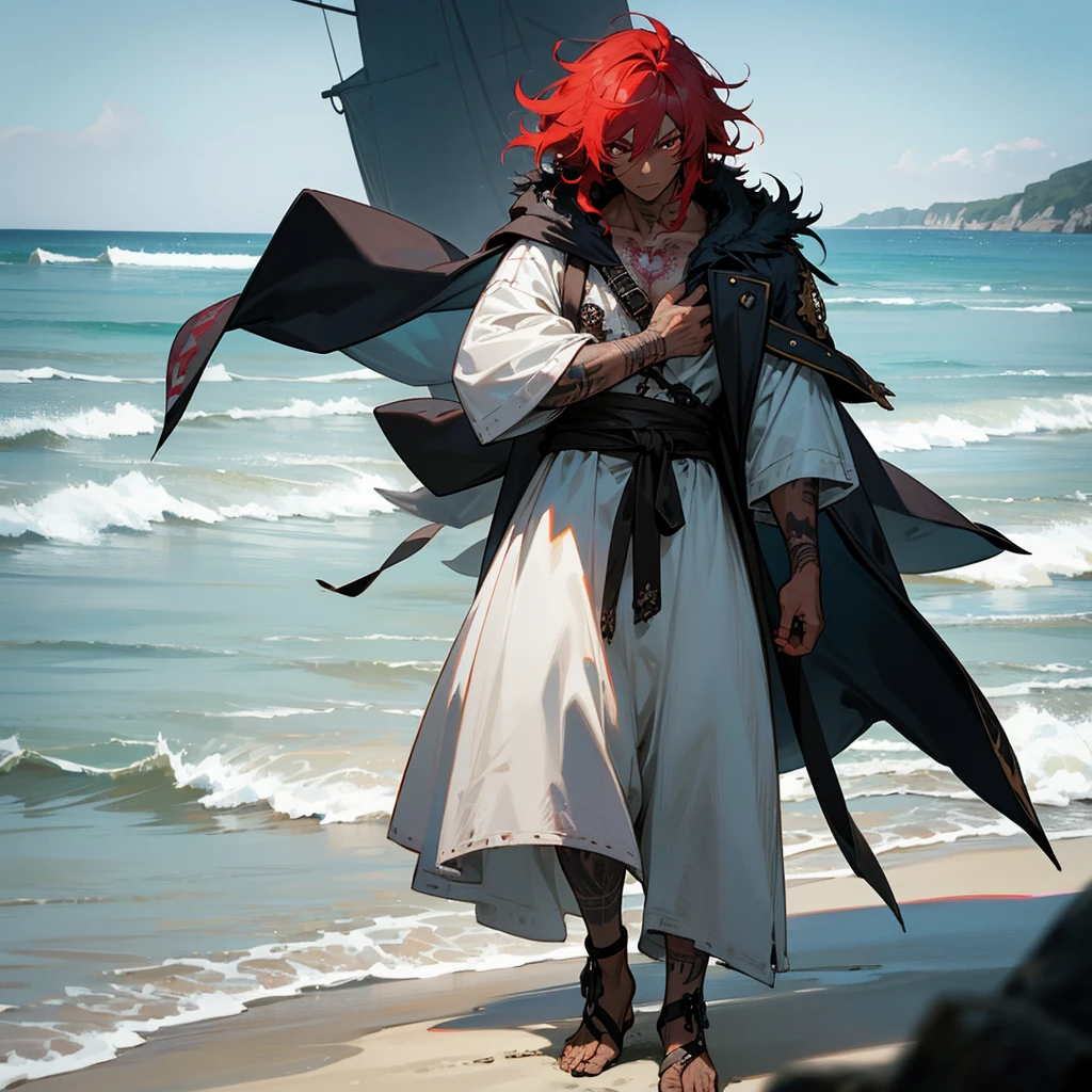 1male, young adult, dark skin, finely detailed red eyes, wild medium hair, pale blue hair color, loose pirate clothing, oversized fur hood, standing on coast, day time, beach, somber expression, muscular, flowers, tattoos